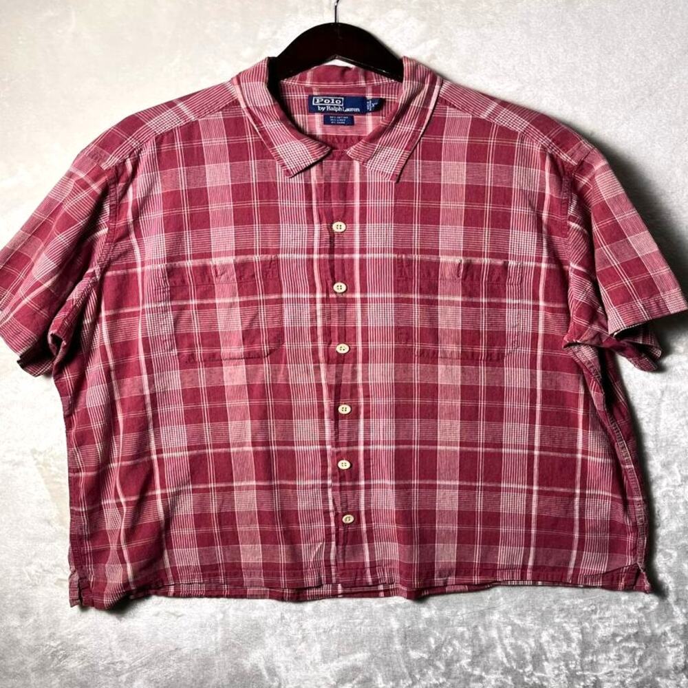 Vintage Ralph Lauren Polo Linen Camp Shirt Men's 2XL Pale Plum Plaid Loop Collar